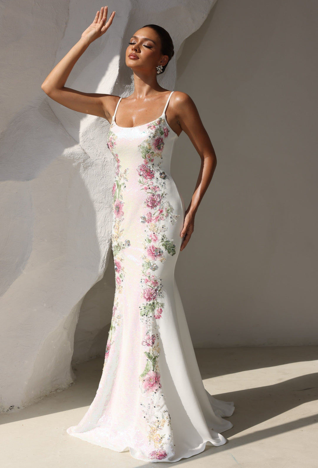Trumpet/Mermaid Prom Dress Spaghetti Straps Formal Sequins Dresses Floral Floor-Length