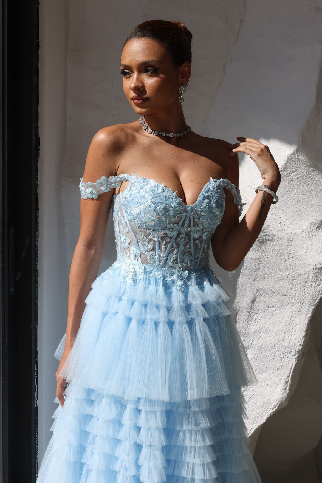 A-Line/Princess Prom Dress Short Sleeves Tulle Layered Long Prom Dresses With Split Side Appliques