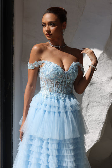 A-Line/Princess Prom Dress Short Sleeves Tulle Layered Long Prom Dresses With Split Side Appliques