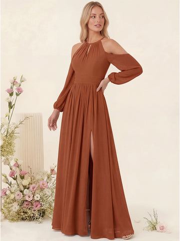 A-Line/Princess V-Neck Long Sleeves Chiffon Long Bridesmaid Dresses With Pockets