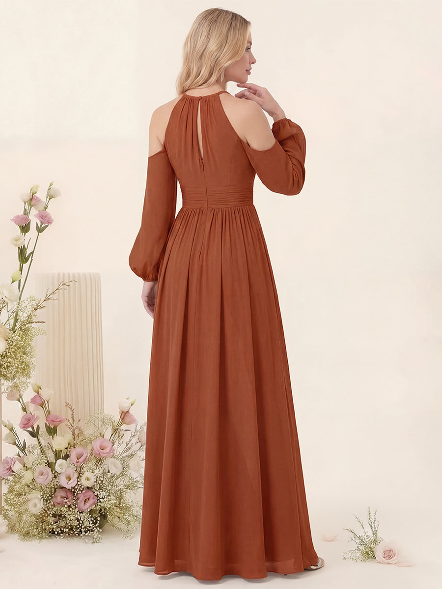 A-Line/Princess V-Neck Long Sleeves Chiffon Long Bridesmaid Dresses With Pockets