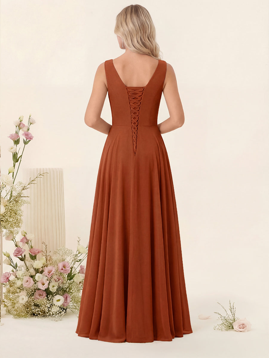 A-Line V-Neck Sleeveless Chiffon Bridesmaid Dresses With Pockets