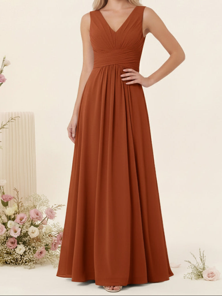 A-Line V-Neck Sleeveless Chiffon Bridesmaid Dresses With Pockets