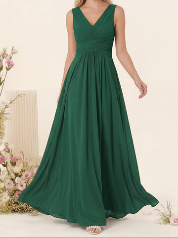 A-Line V-Neck Sleeveless Chiffon Bridesmaid Dresses With Pockets