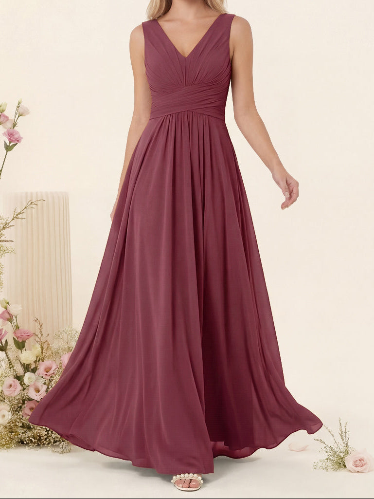 A-Line V-Neck Sleeveless Chiffon Bridesmaid Dresses With Pockets