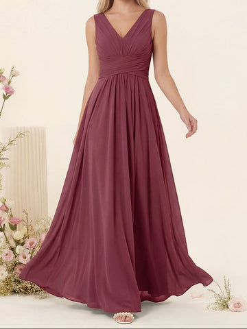 A-Line V-Neck Sleeveless Chiffon Bridesmaid Dresses With Pockets
