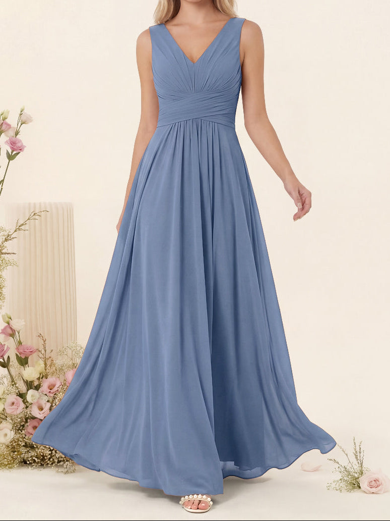 A-Line V-Neck Sleeveless Chiffon Bridesmaid Dresses With Pockets