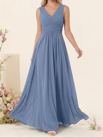 A-Line V-Neck Sleeveless Chiffon Bridesmaid Dresses With Pockets