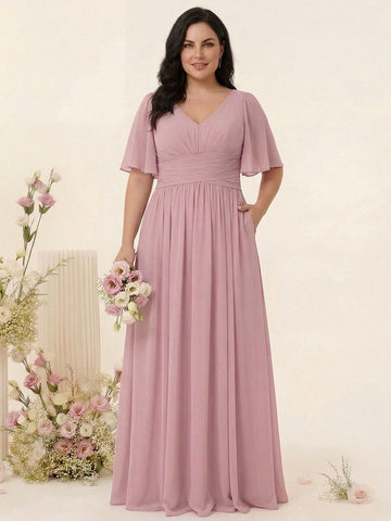 A-Line/Princess V-Neck Half Sleeves Chiffon Plus Size Bridesmaid Dresses with Pockets