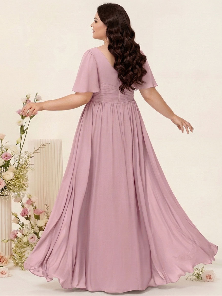 A-Line/Princess V-Neck Half Sleeves Chiffon Plus Size Bridesmaid Dresses with Pockets