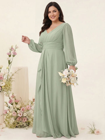 A-Line/Princess V-Neck Long Sleeves Chiffon Ruffles Plus Size Bridesmaid Dresses with Pockets