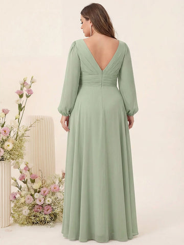 A-Line/Princess V-Neck Long Sleeves Chiffon Ruffles Plus Size Bridesmaid Dresses with Pockets