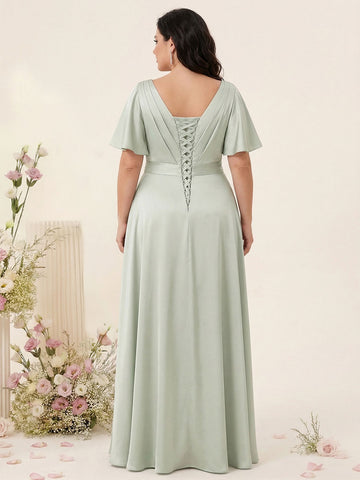 A-Line/Princess V-Neck Short Sleeves Silk Satin Plus Size Bridesmaid Dresses with Pockets