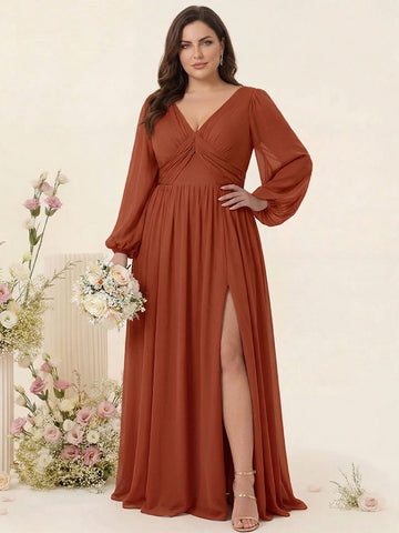 A-Line/Princess V-Neck Long Sleeves Chiffon Long Plus Size Bridesmaid Dresses With Split Side