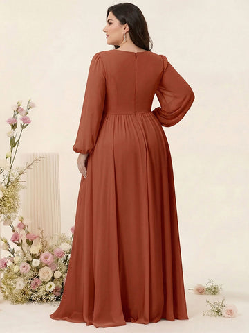 A-Line/Princess V-Neck Long Sleeves Chiffon Long Plus Size Bridesmaid Dresses With Split Side