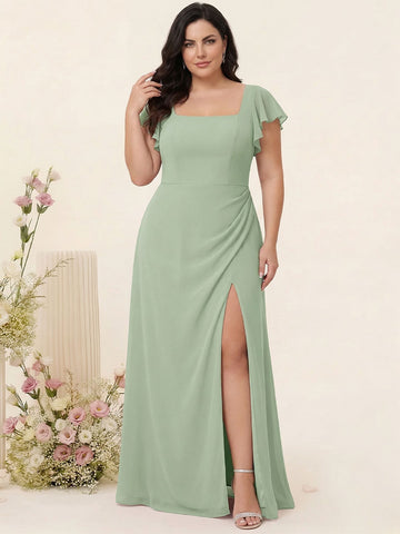 Sheath/Column Short Sleeves Chiffon Plus Size Bridesmaid Dresses with Split Side