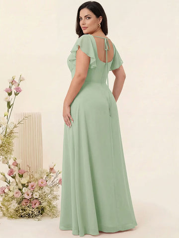 Sheath/Column Short Sleeves Chiffon Plus Size Bridesmaid Dresses with Split Side