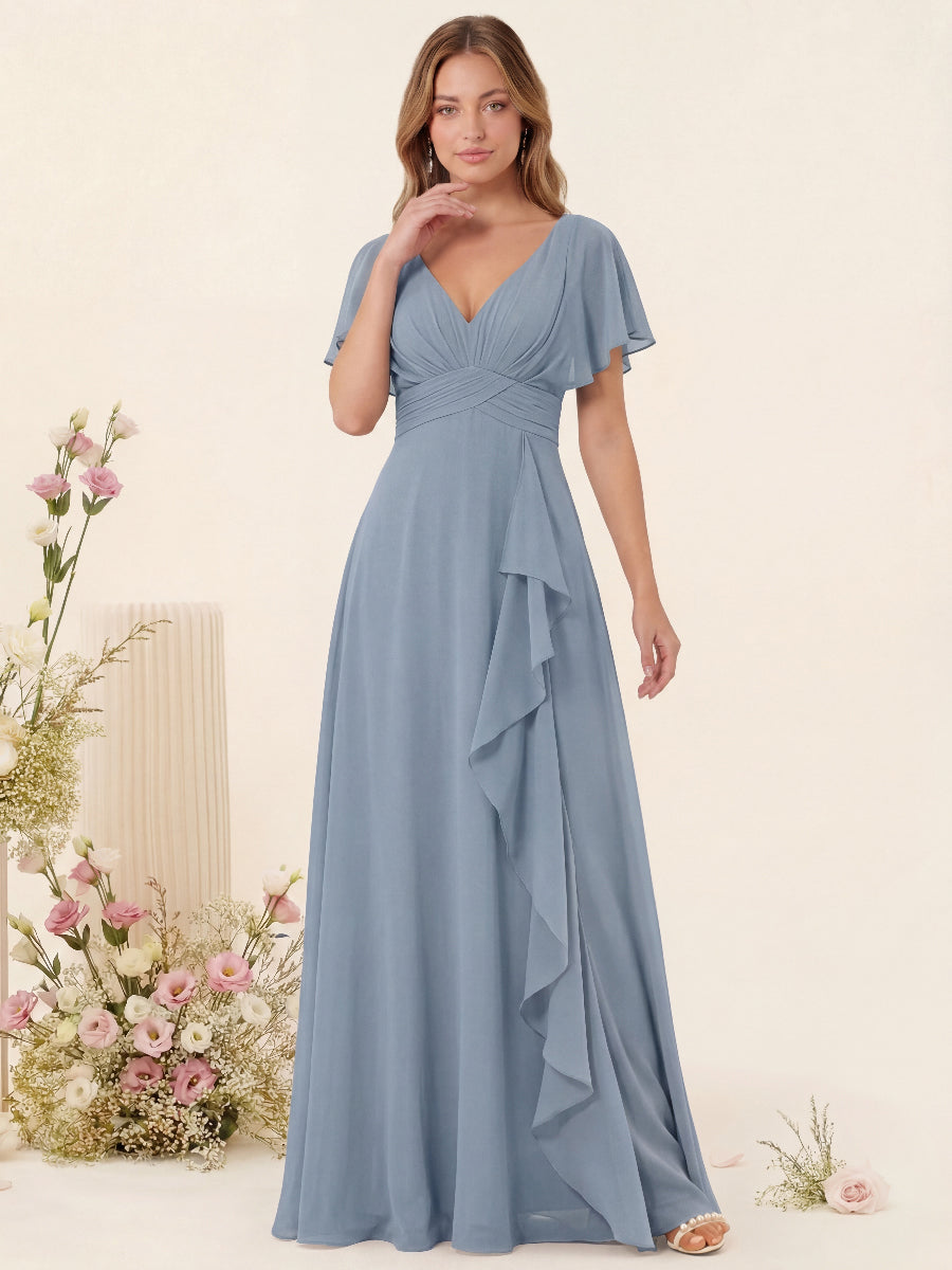 A-Line/Princess V-Neck Long Bridesmaid Dresses with Ruffles