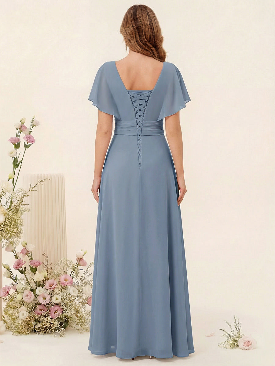 A-Line/Princess V-Neck Long Bridesmaid Dresses with Ruffles