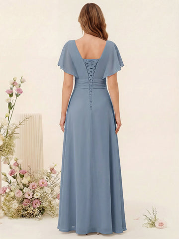 A-Line/Princess V-Neck Long Bridesmaid Dresses with Ruffles