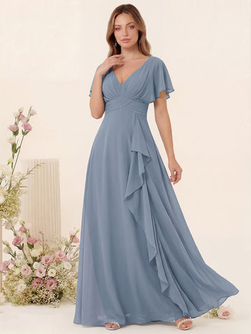 A-Line/Princess V-Neck Long Bridesmaid Dresses with Ruffles