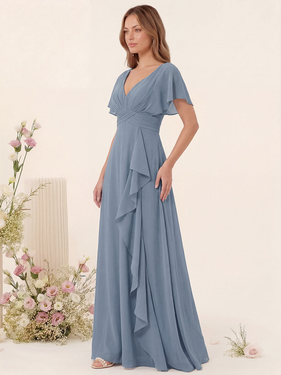 A-Line/Princess V-Neck Long Bridesmaid Dresses with Ruffles
