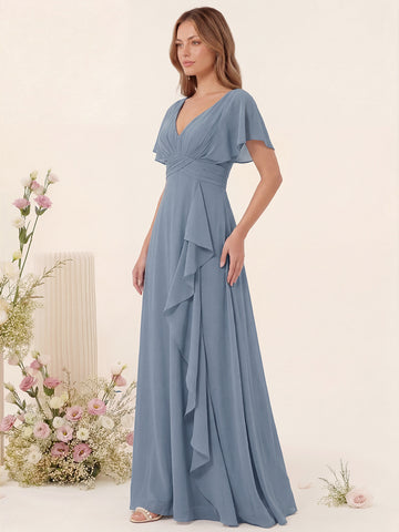 A-Line/Princess V-Neck Long Bridesmaid Dresses with Ruffles
