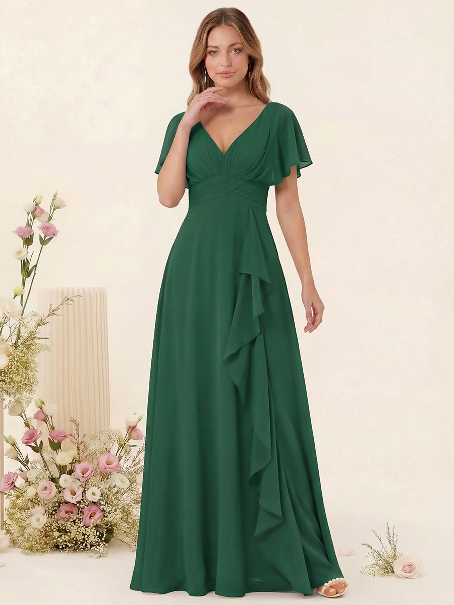 A-Line/Princess V-Neck Long Bridesmaid Dresses with Ruffles