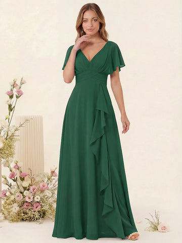 A-Line/Princess V-Neck Long Bridesmaid Dresses with Ruffles
