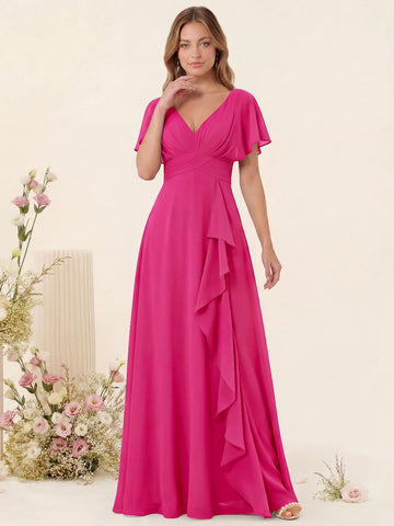 A-Line/Princess V-Neck Long Bridesmaid Dresses with Ruffles