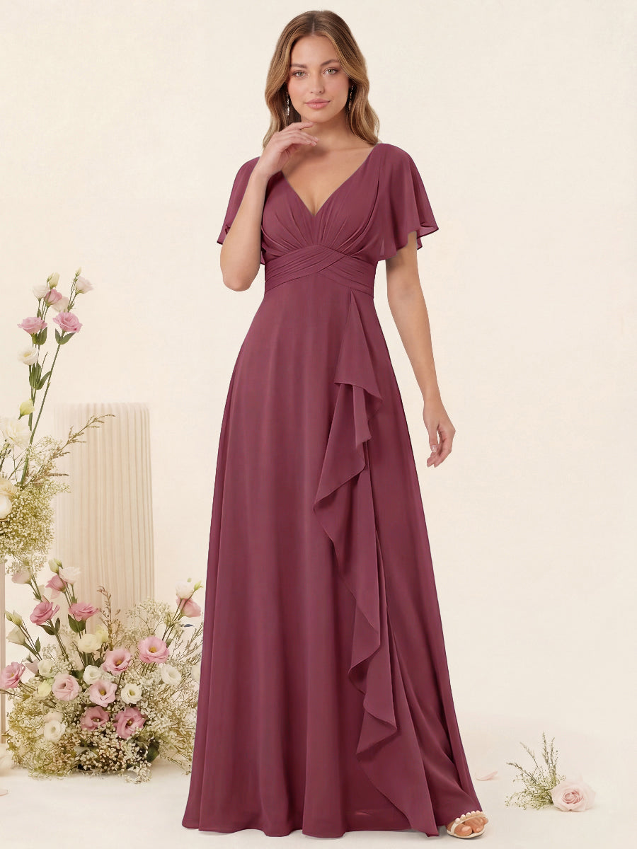A-Line/Princess V-Neck Long Bridesmaid Dresses with Ruffles