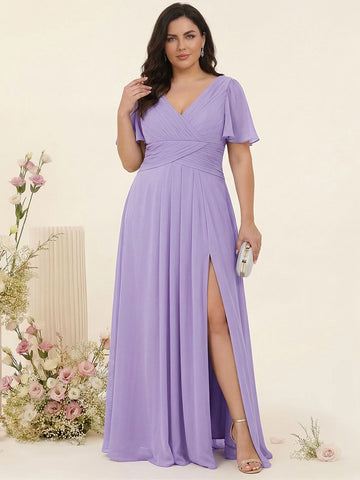 A Line/Princess V-Neck Short Sleeves Plus Size Bridesmaid Dresses with Split Side