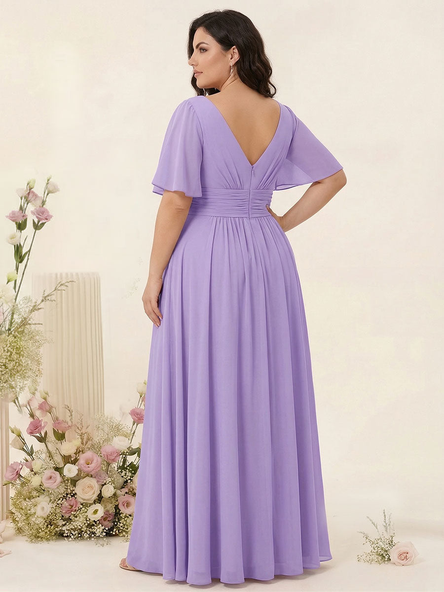 A Line/Princess V-Neck Short Sleeves Plus Size Bridesmaid Dresses with Split Side