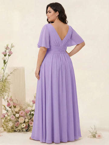 A Line/Princess V-Neck Short Sleeves Plus Size Bridesmaid Dresses with Split Side