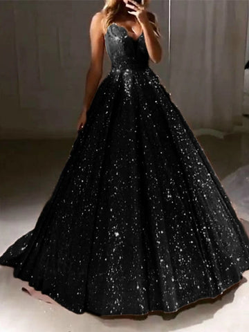 A-Line/Princess Evening Dress Wedding Party Sweep / Brush Train V-Neck Sleeveless Prom Ball Gown Formal Dresses With Glitter