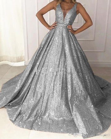 A-Line/Princess Evening Dress Wedding Party Sweep / Brush Train V-Neck Sleeveless Prom Ball Gown Formal Dresses With Glitter
