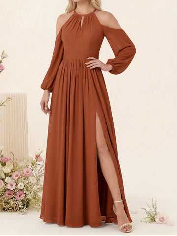 A-Line/Princess V-Neck Long Sleeves Chiffon Long Bridesmaid Dresses With Pockets
