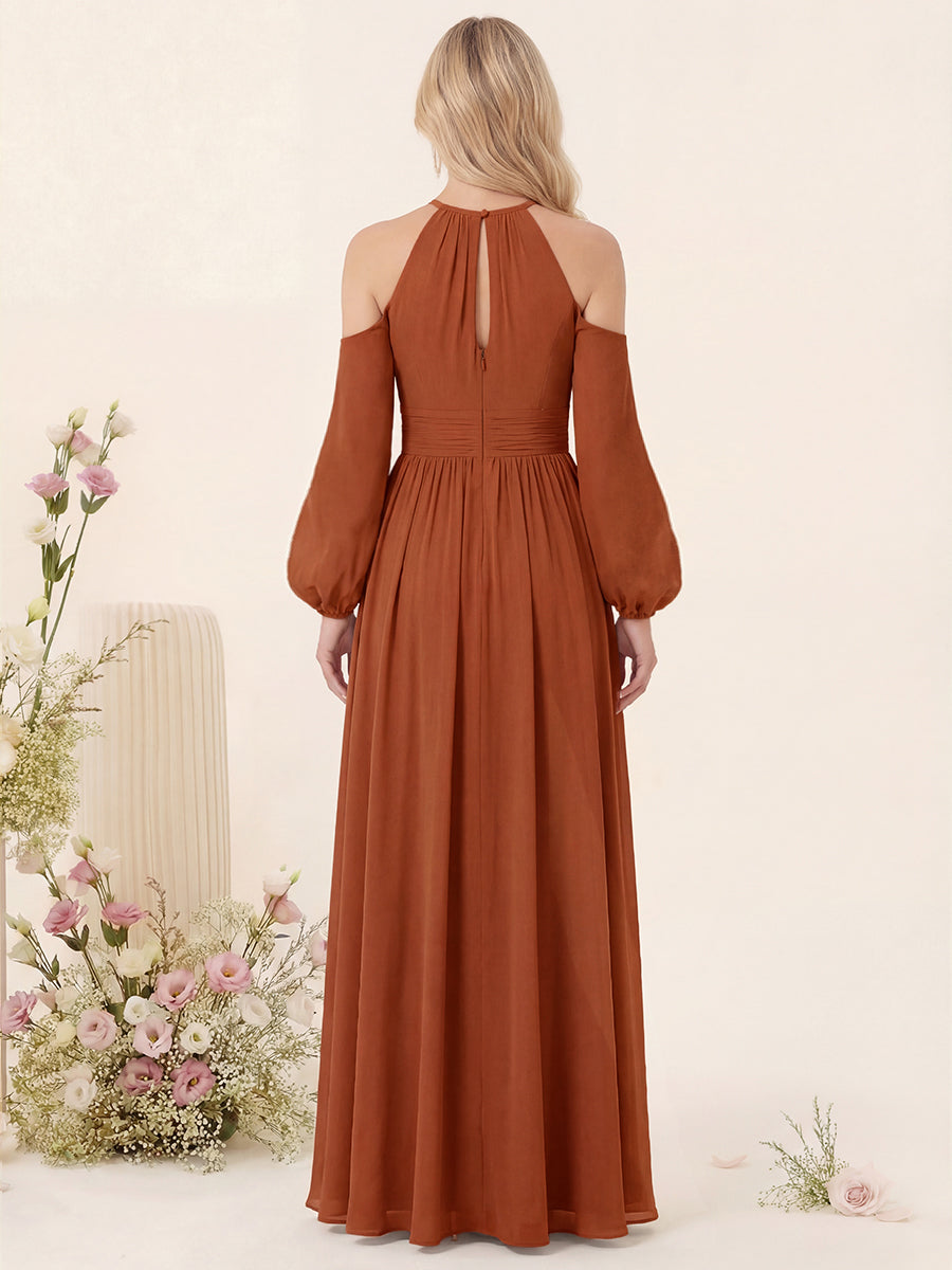 A-Line/Princess V-Neck Long Sleeves Chiffon Long Bridesmaid Dresses With Pockets