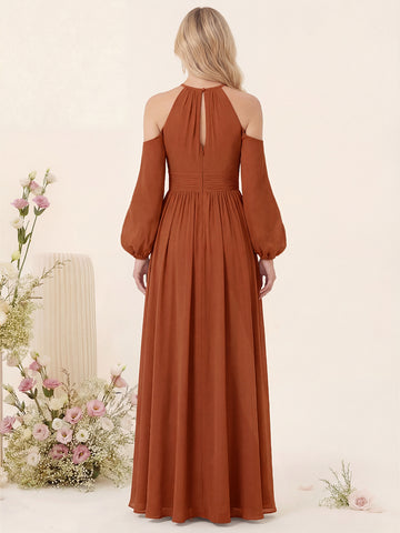A-Line/Princess V-Neck Long Sleeves Chiffon Long Bridesmaid Dresses With Pockets
