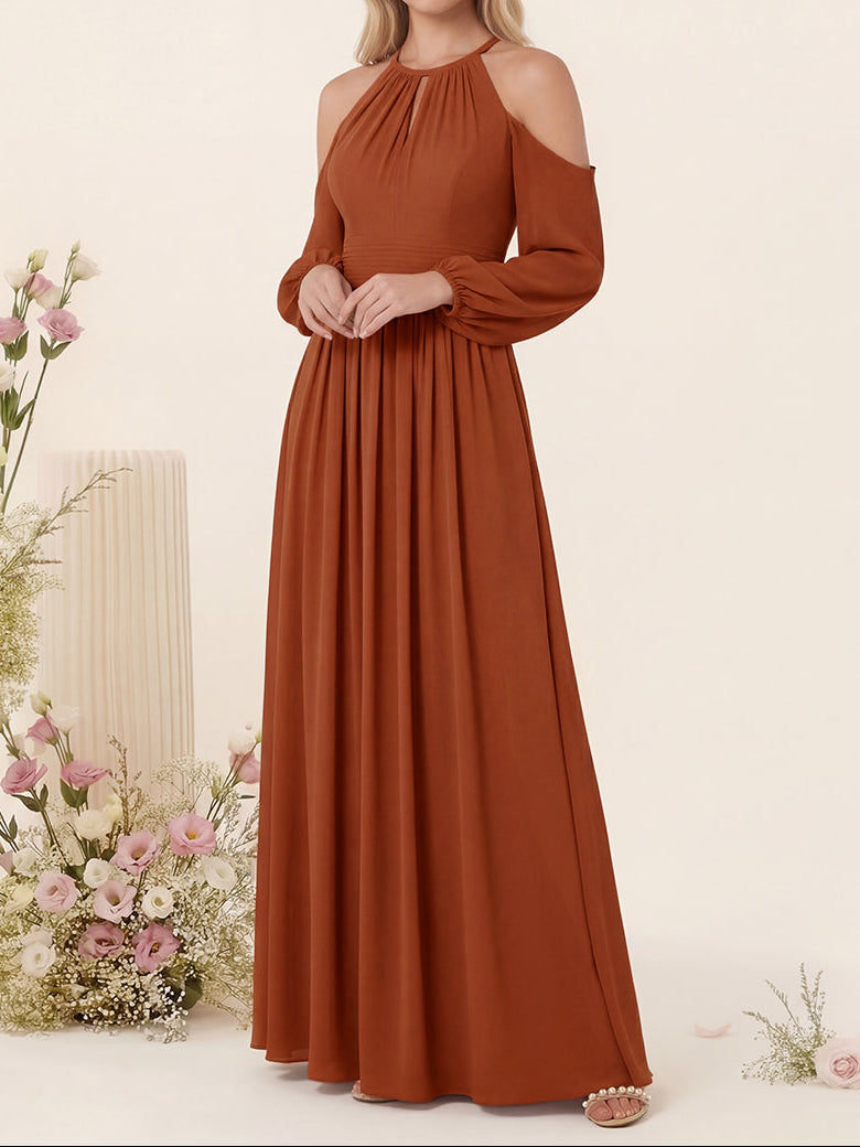 A-Line/Princess V-Neck Long Sleeves Chiffon Long Bridesmaid Dresses With Pockets