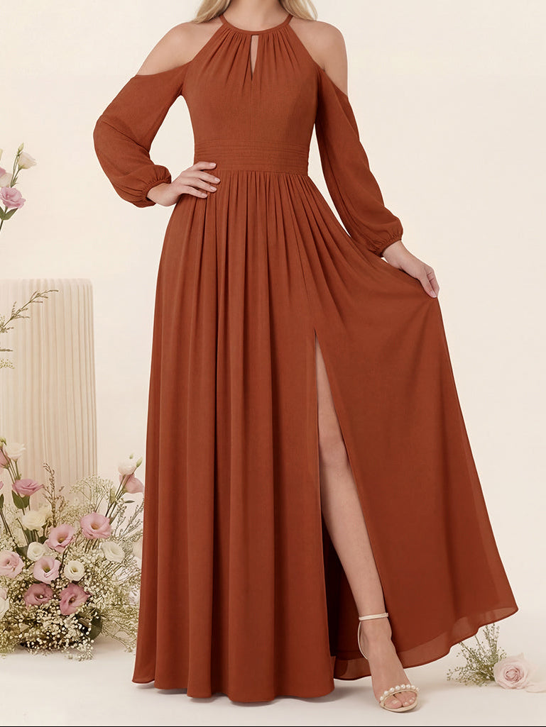 A-Line/Princess V-Neck Long Sleeves Chiffon Long Bridesmaid Dresses With Pockets