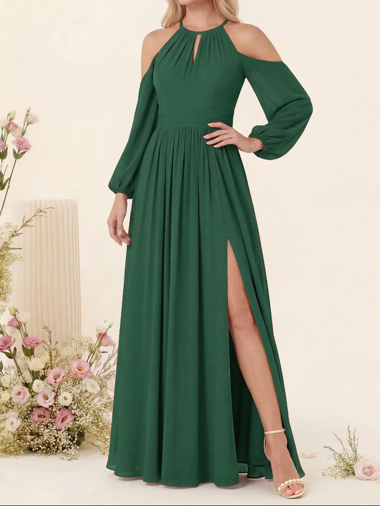 A-Line/Princess V-Neck Long Sleeves Chiffon Long Bridesmaid Dresses With Pockets