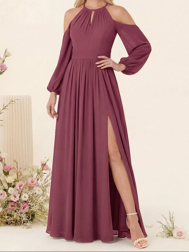A-Line/Princess V-Neck Long Sleeves Chiffon Long Bridesmaid Dresses With Pockets