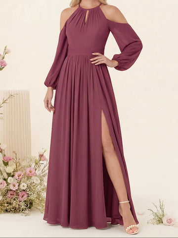 A-Line/Princess V-Neck Long Sleeves Chiffon Long Bridesmaid Dresses With Pockets