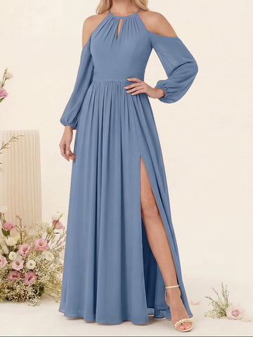 A-Line/Princess V-Neck Long Sleeves Chiffon Long Bridesmaid Dresses With Pockets