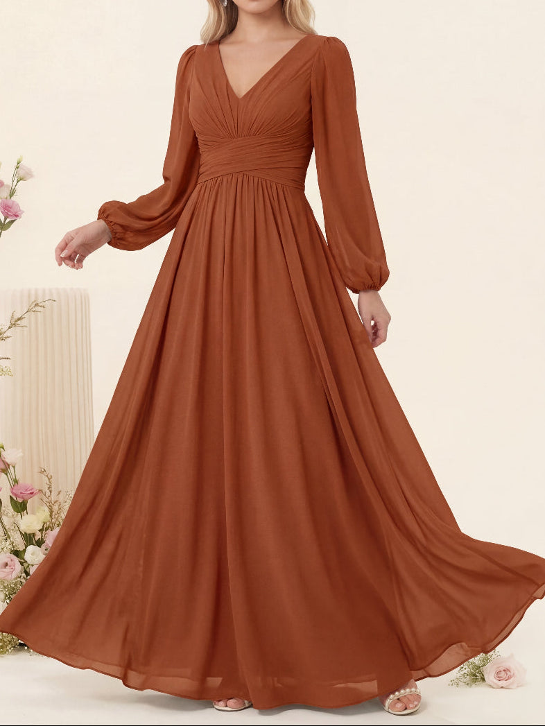 A-Line/Princess V-Neck Long Sleeves Chiffon Long Bridesmaid Dresses With Pockets