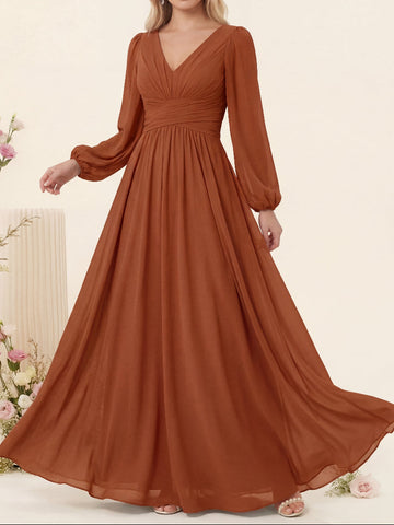 A-Line/Princess V-Neck Long Sleeves Chiffon Long Bridesmaid Dresses With Pockets