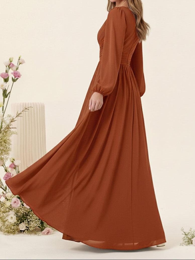 A-Line/Princess V-Neck Long Sleeves Chiffon Long Bridesmaid Dresses With Pockets