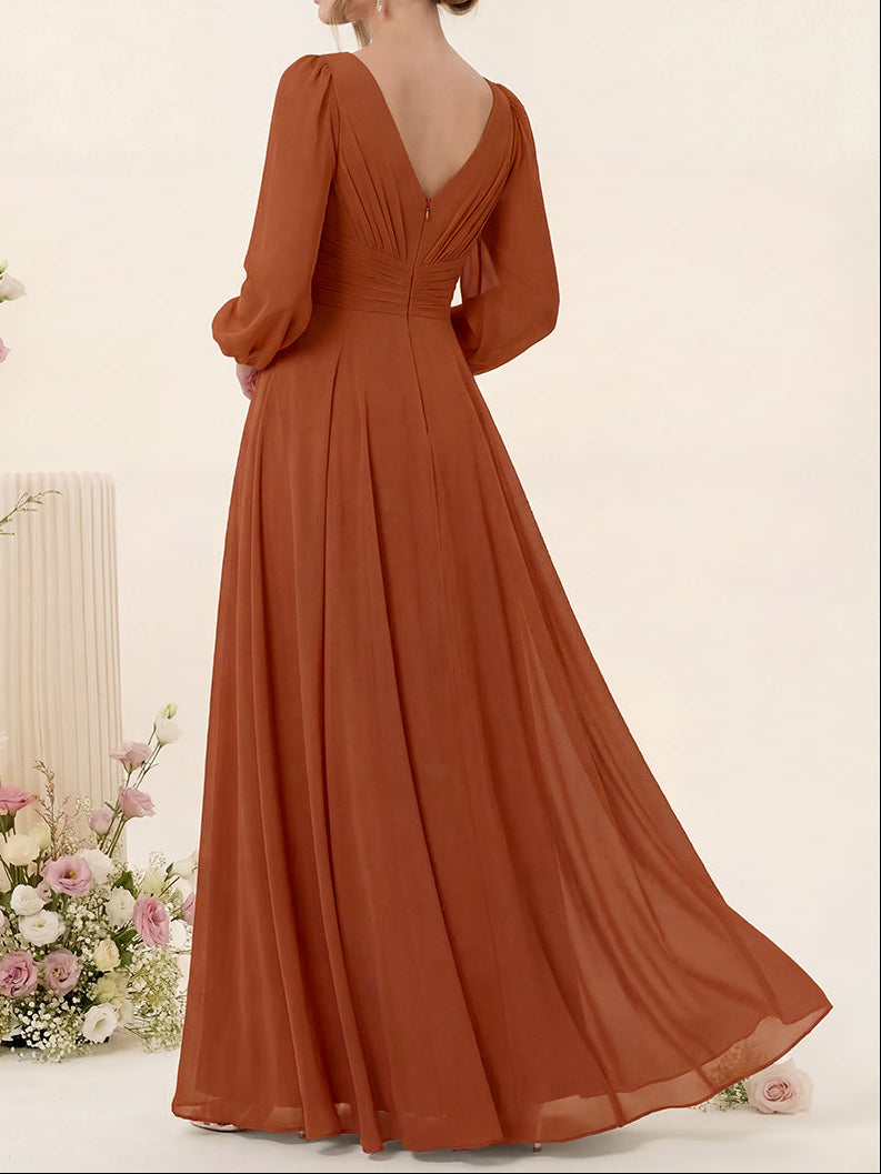 A-Line/Princess V-Neck Long Sleeves Chiffon Long Bridesmaid Dresses With Pockets