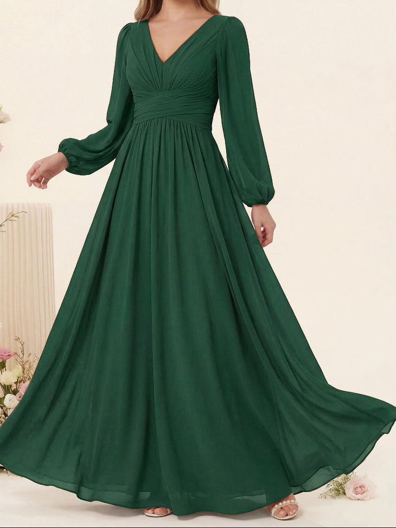 A-Line/Princess V-Neck Long Sleeves Chiffon Long Bridesmaid Dresses With Pockets
